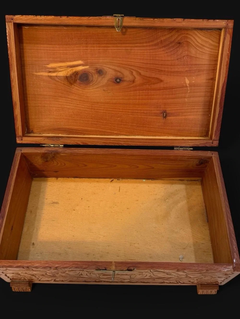 Vintage Hand-Carved Wooden Jewelry Box with Scenic Inlay